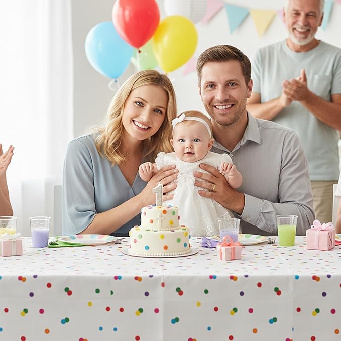 K1tpde Colorful Rainbow Party Tablecloth - 3PCS Colorful Dot White Plastic Tablecloth, Multicolor Dot Birthday Disposable Tablecover, Rainbow Dots Party Supply for 1st Baby Shower Birthday Decorations