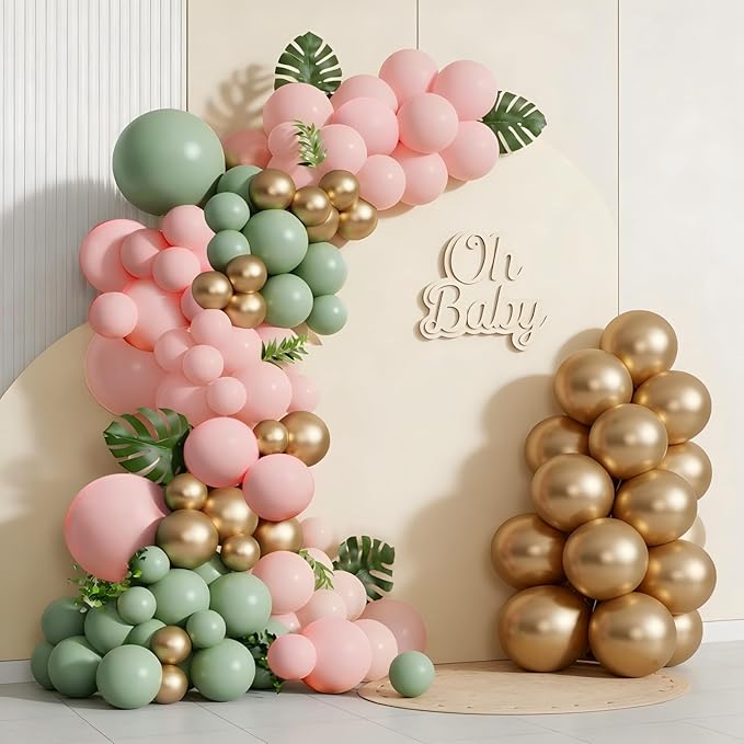 Spring Balloon Garland Arch Kit 160Pcs Sage Green Pink and Gold Latex Balloons for Baby in Bloom Baby Shower Bridal Shower Wedding Jungle Safari Woodland Birthday Party Decorations