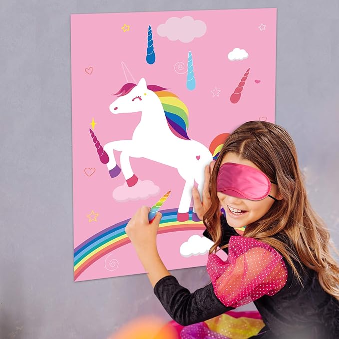FEPITO Birthday Party Game for Kids Pin The Horn on Unicorn-Game Poster with 24 Horn Stickers Pin The Tail Game for Girl Unicorn-Birthday Rainbow Party Favors Supplies Wall Home Room Decorations