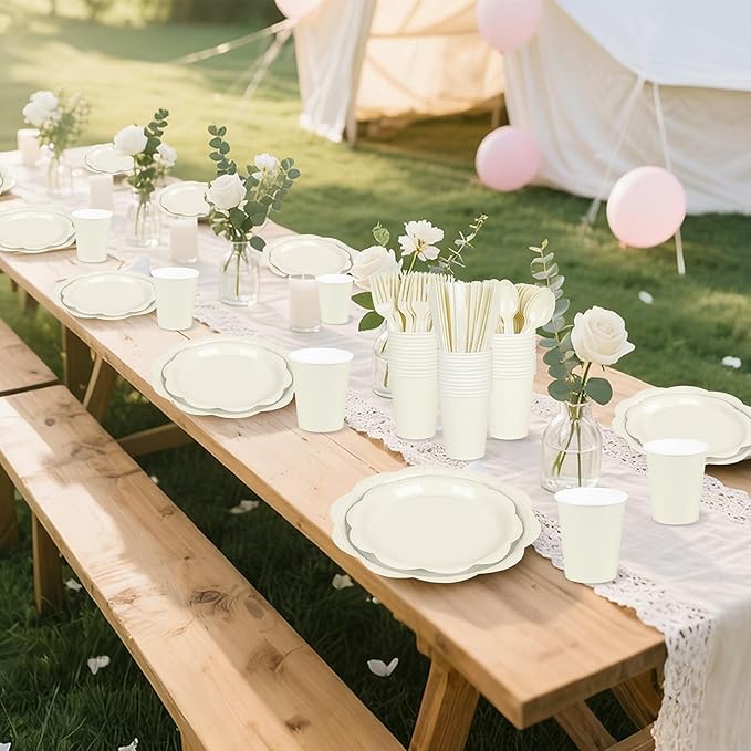 400 Pcs Ivory Paper Plates and Napkins Set Party Supplies, Tableware set for 50 Guest include Disposable Ivory Scalloped Plates Napkins Knives Forks Spoons Cups for Baby Shower Bridal Shower Wedding