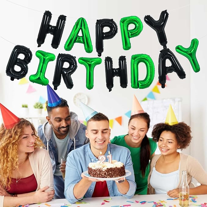 TONIFUL Happy Birthday Balloons Banner 16 Inch Mylar Foil Letters Birthday Sign Reusable for Girls Boys Kids & Adults Birthday Party Decorations Supplies（Black Green）