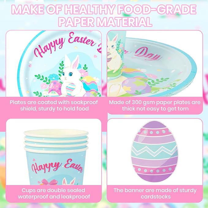 Easter Party Decorations Set, Bunny Easter Party Supplies with Banner, Plates, Napkins, Tablecloth, Cups and Forks, Pastel Easter Egg Theme Tableware Kit for 24 Guests