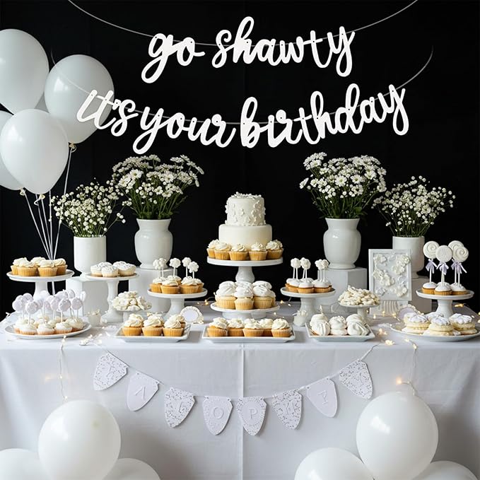 BEISHIDA Go Shawty It's Your Birthday Banner NO DIY Hip Hop Theme Happy Birthday Banner Pre-Strung Rap Theme Happy Birthday Sign for Man Women birthday Party Supply Glitter White