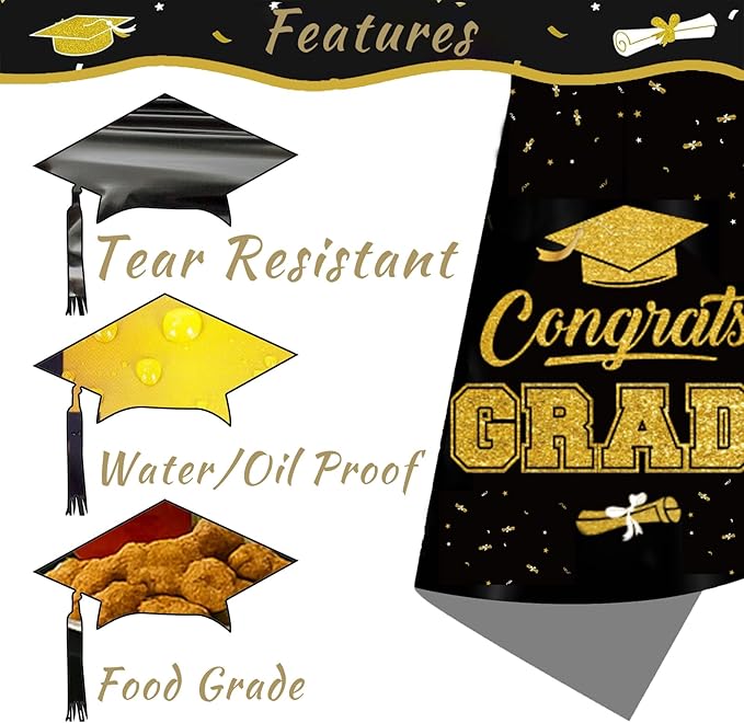 Graduation Decorations Tablecloth Set, Class of 2026 Graduation Party Supplies Gongrats Grad Tablecover Decor for High School University Graduates Party, Black and Gold Table Cloth with Banner