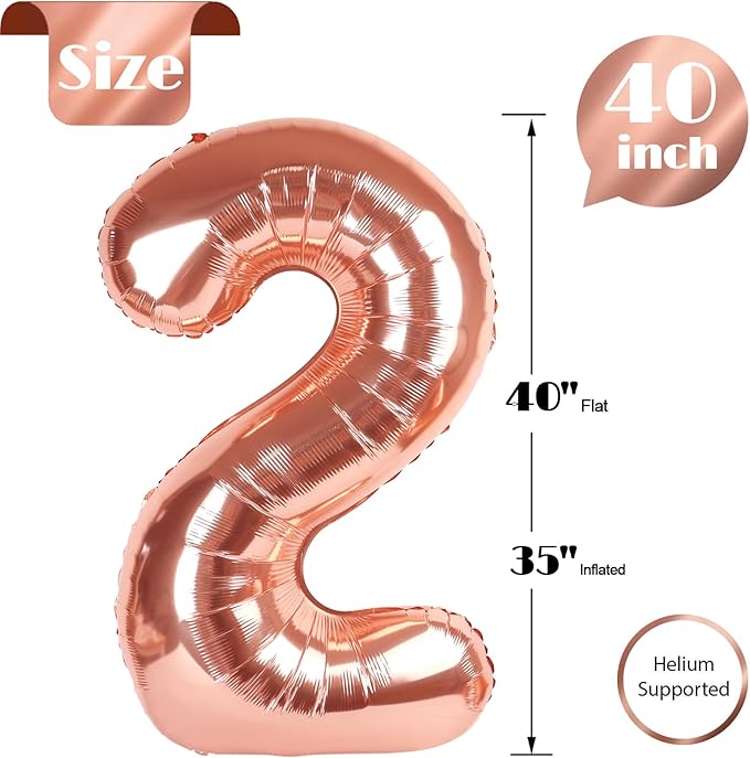 Rose Gold 2 Balloon, Number Balloons 40 Inch, 2nd Balloon Number Birthday Decorations, Second Two Birthday Party Supplies, Number 2