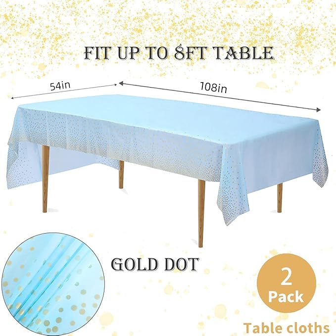 2 Pack Plastic Blue Tablecloth Disposable Pink and Gold Tablecloth for Rectangle Tables 54" x 108" Party Decorations Birthday Thanksgiving Christmas Valentines Wedding Outdoor BBQ Picnic (Blue)