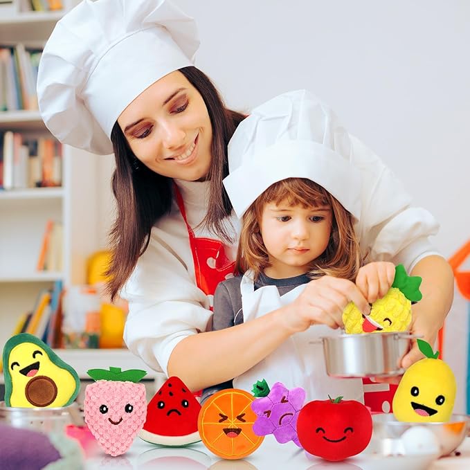 Sensory Toys for Kids, 8 Pack Mini Fruit Soft Stuffed Plush Toy for Girls or Boys as Party Decorations, Toddler Pretend Play Kitchen Food, Strawberry, Avocado, Pineapple and Orange