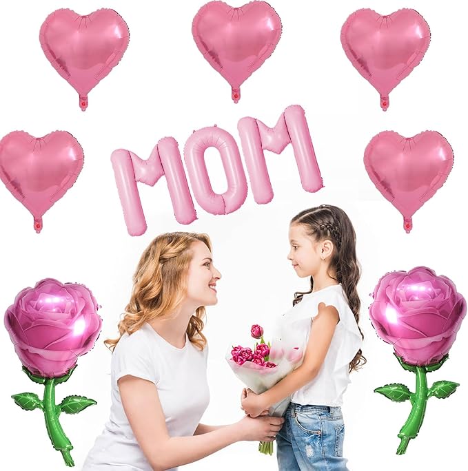 Pink Mom Balloons Pink Heart Rose Mother's Day Balloons Party Balloons for Mother's Day Decoration Party Decorations Theme Supplies Balloon Sets-10 PCS