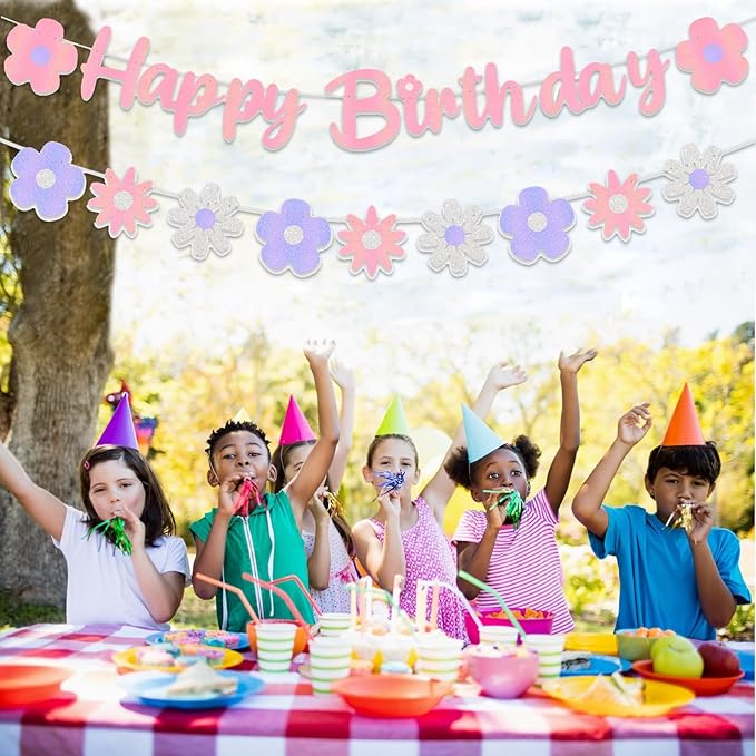 Zwiebeco Pink Floral Happy Birthday Banner Bunting Garland Hanging Paper Party Decoration Supplies for Spring Summer Wildflower Boys Girls Kids Baby Shower Bday Decor Accessories Supplies