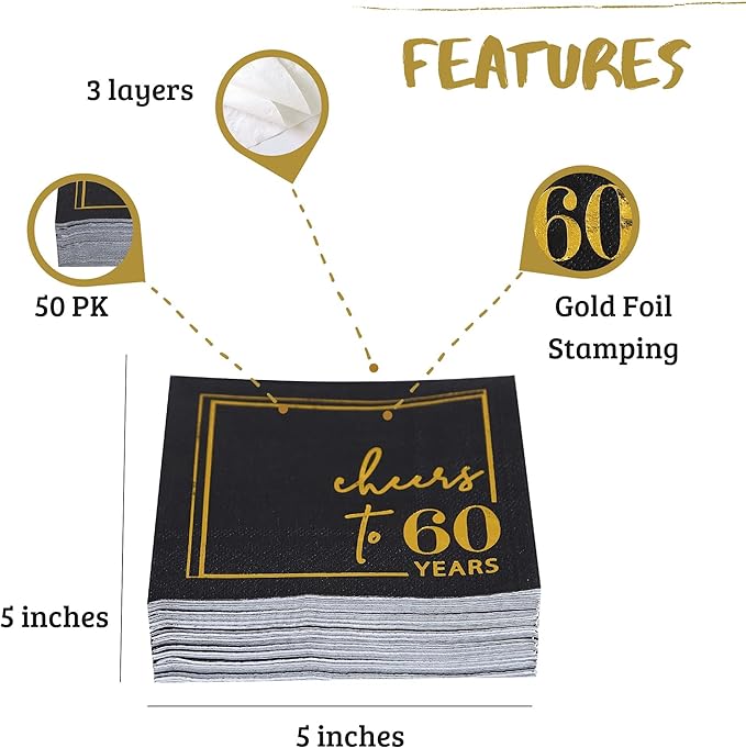 Cheers to Years Cocktail Napkins - 50 PK - 3-Ply Birthday Napkins 5x5 Inches Disposable Party Napkins Beverage Paper Napkins or Birthday Decorations Wedding Anniversary Black and Gold (60 Years)
