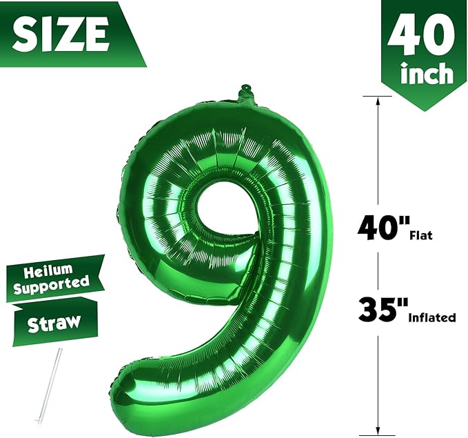 40 Inch Dark Green Number 9 Balloon, Giant 9 Number Balloons for 9th Birthday Decorations, Party Supplies for Baby Boy Girl, Dark Green Party Decor
