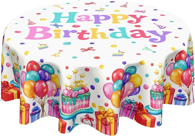 Happy Birthday Round Tablecloth 70 Inch Colorful Gift Birthday Hat Pattern Circle Table Cloth Holiday Table Cover Washable Polyester Decorations for Home Kitchen Dinning Party