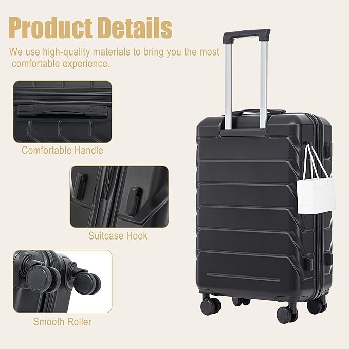 28 Inch ABS Hard Shell Large Luggage With Combination Lock and Side Hooks, Black