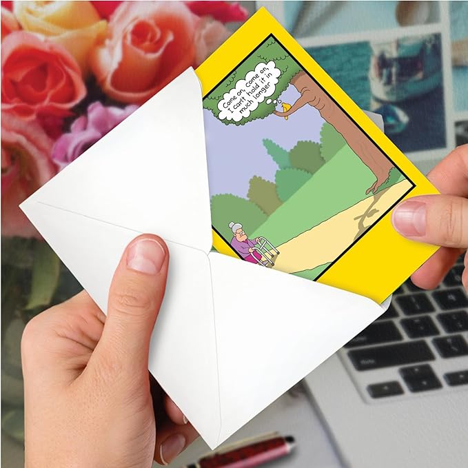 NobleWorks - 1 Hilarious Greeting Card for Birthday - Funny Birthday Cartoon, Comic Notecard - Hold It In C2450BDG