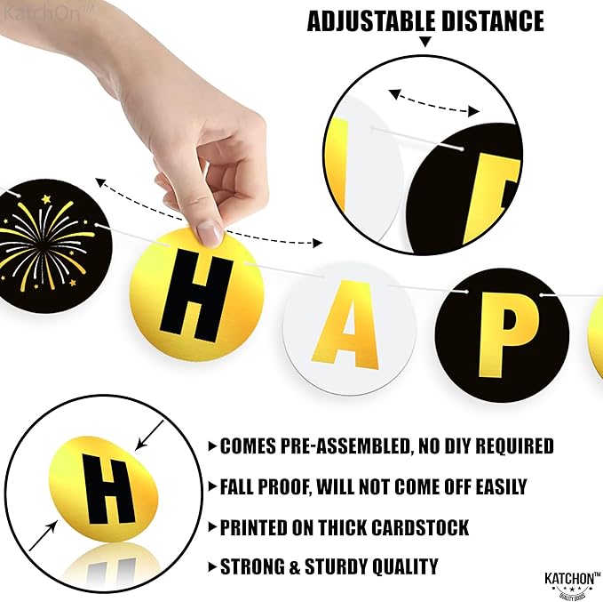 KatchOn, Shiny Happy New Year Banner 2026 - 10 Feet, Pre - Strung | Happy New Year Backdrop, Happy New Years Decorations 2026 | New Years Eve Banner, New Years Eve Party Supplies 2026 | NYE Decorations 2026