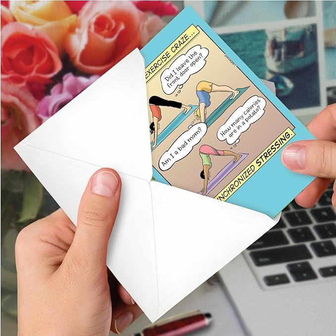 NobleWorks - 1 Funny Women's Birthday Card with Envelope - Cartoon Humor, Stationery Bday Celebration Card for Wife, Women - Synchronized Stressing C9320BDG