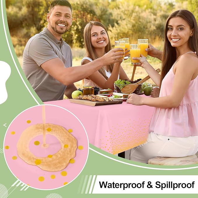 misaya 4 Packs Dot Disposable Table Cloth, 54 x 108 Inch Waterproof Plastic Tablecloth, Rectangle Gold Dots in Pink Table Covers for Easter, Picnic, Birthday, Party