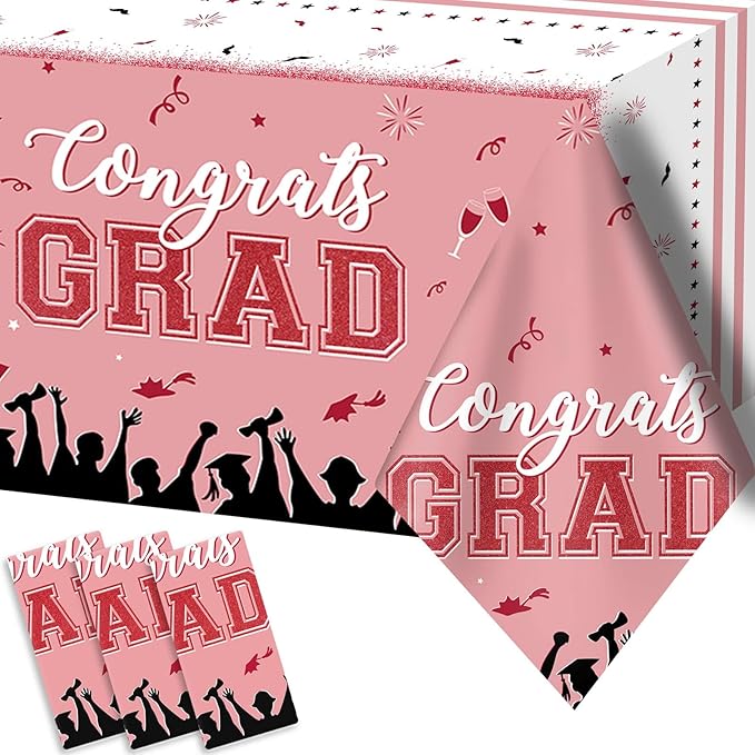 chiazllta Set of 3 Graduation Tablecloths Class of 2026 Congrats Grad Pink Graduation Party Tablecover Decorations Party Supplies Large Size Plastic 54"x108"(Pink & Gold)