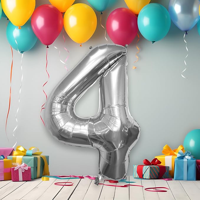 40 Inch Large Silver Number Celebration and Decoration Balloon for Birthday Parties, Graduations, Anniversaries, Weddings, Photo Shoots, Special Events - Helium Foil (Silver Number 4)