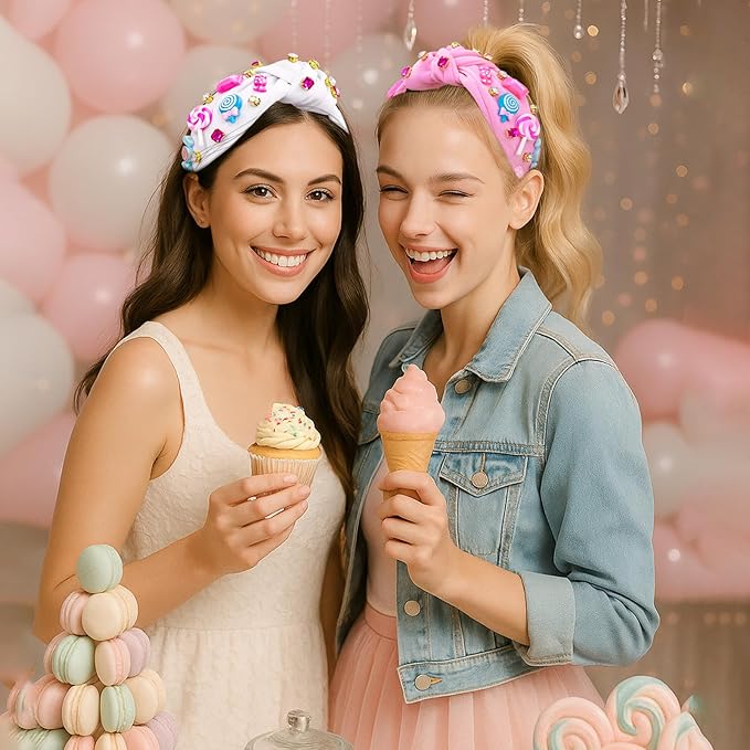 Candy Knotted Headbands for Women, Lollipop Sugar Charms Rhinestone Jeweled Wide Cute Headband for Girls, Fashion Hairband Hair Accessories Birthday Holiday Candyland Party Favors Gifts - Pink