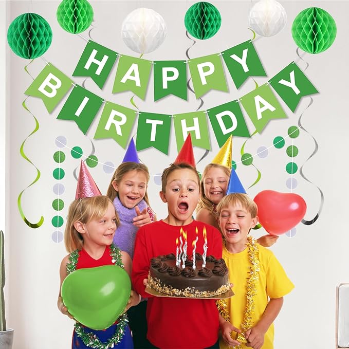 Green Birthday Decorations, Green and White Happy Birthday Banner, Happy Birthday Decorations for Women Men Girls Boys