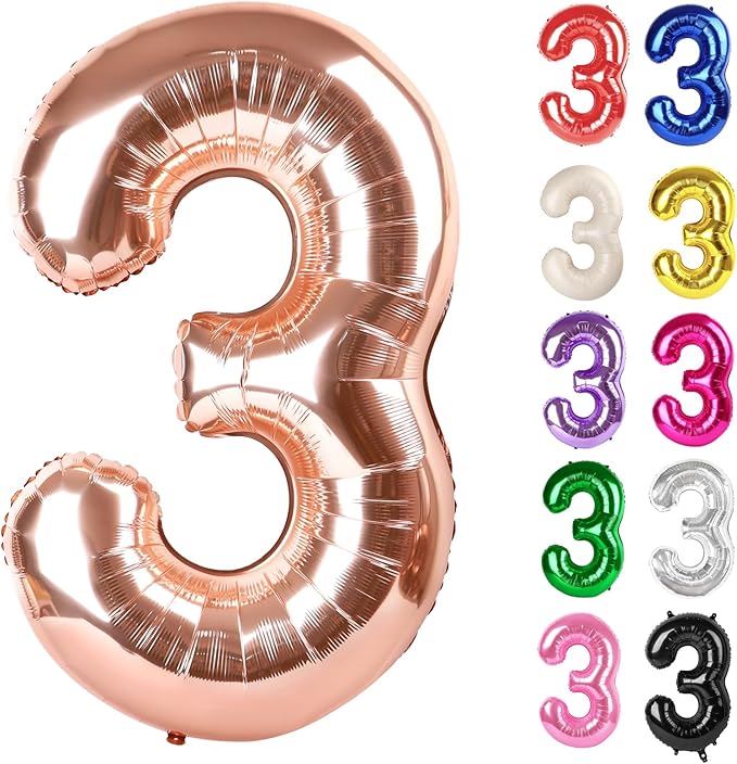 Rose Gold Number 3 Balloon 40 Inch, 3 Balloon Number, 3rd Birthday Decorations, Rose Gold Party Supplies for Boys Girls