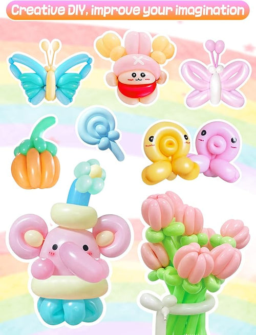 100 Pcs 260Q Balloons Kit with Pump - Kids Premium Latex Twisting Long Balloons to Make Animals Flowers, Pastel Color Party Balloons for Boys Girls Christmas Birthday Gifts Clowns Wedding Decoration