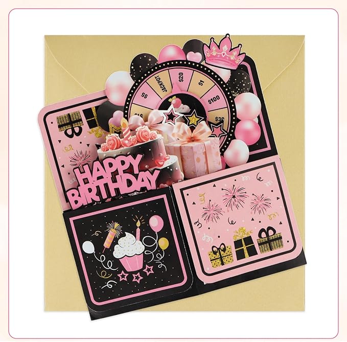 FaCraft Pop Up Birthday Card for Girl - 3D Handmade Spinning Wheel Design with Envelope & Blank Insert, Pink Interactive Happy Birthday Greeting Card for Daughter, Teens & Loved Ones