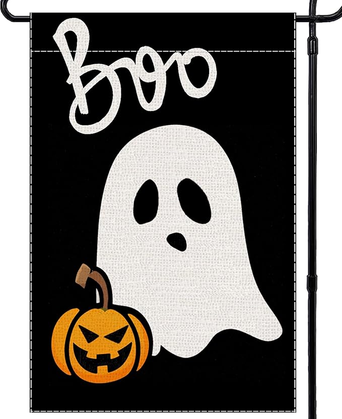 Halloween Garden Flag Ghost Welcome Small Flags for Outside, 12x18 Inch Spooky Boo Double Sided Burlap Holiday Fall Banner Yard Outdoor Decoration