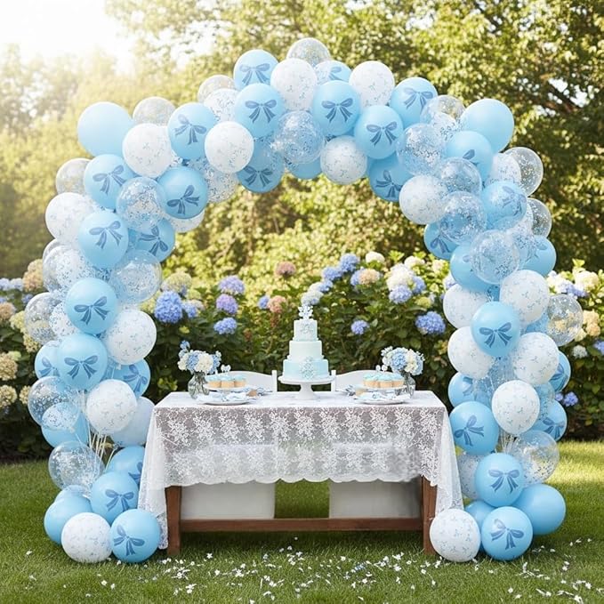 Blue and White Balloons Set, 12 Inch Light Baby Blue White Clear Bow Latex Balloon for Wedding Bridal Engagement Bachelorette Baby Boy Shower Winter Princess Birthday Theme Party Decorations Supplies