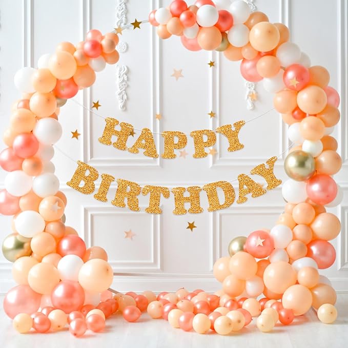 Glitter Orange Happy Birthday Banner Birthday Party Decorations Sign Bunting Banner for Wall Decor Party Background for Girls Women Adults