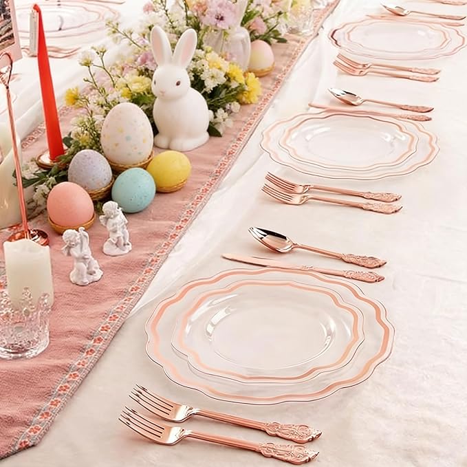 NOCCUR 150PCS Rose Gold Plastic Plates&Rose Gold Silverware-Include 30Dinner Plates, 30Salad plates, 90 Disposable Rose Gold Utensils- Ideal for Weddings/Party/Easter Day