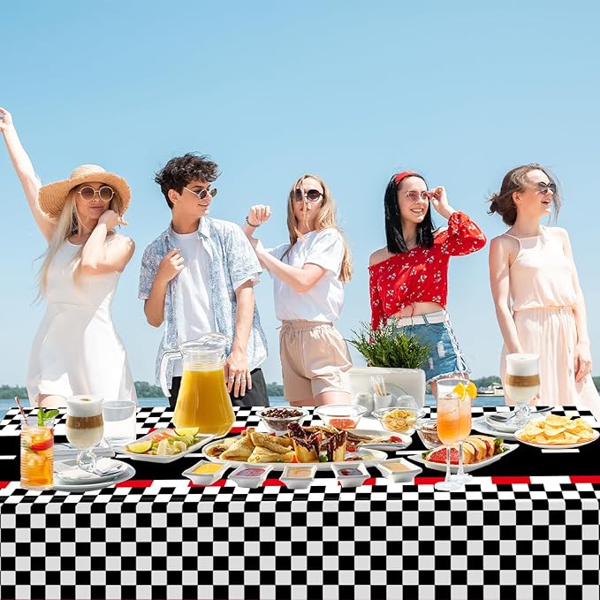 WNINK 4 PCS Racing Car Theme Tablecloths Car Disposable Plastic Tablecloths Black Checkered Flag Table Covers Racetrack Rectangular Tablecloth for Race Car Birthday Party Decorations, 54 x 108 Inch