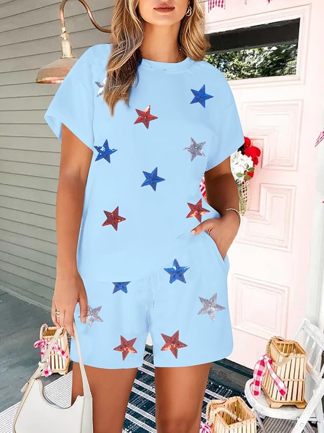 VILOVE 4th of July 2 Piece Sequin Outfits Women 250 Anniversary Usa Shirts and Short Sets Casual Patriotic Shirt Summer Set