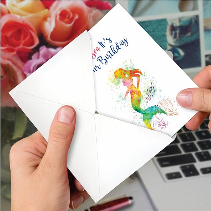 The Best Card Company - 1 Fun Birthday Greeting Card - Mythical Bday Notecard with Envelope - Funky Rainbow Mermaids C6863GBDG