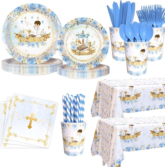194 Pcs Mi Primera Comunion Baptism Party Decorations for Boy Blue First Holy Communion Party Supplies God Bless Disposable Tableware Set with Plates Napkins Cups Tablecloth Serves 24