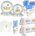 194 Pcs Mi Primera Comunion Baptism Party Decorations for Boy Blue First Holy Communion Party Supplies God Bless Disposable Tableware Set with Plates Napkins Cups Tablecloth Serves 24