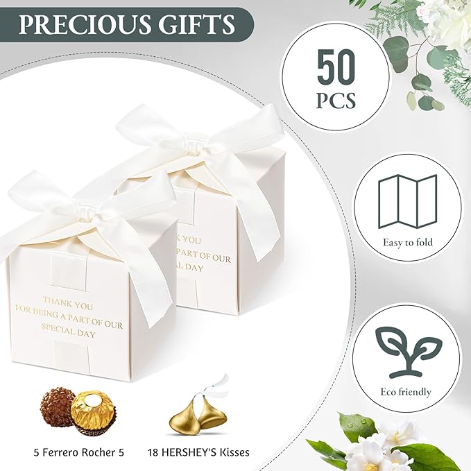 Marspark 50 Pcs Wedding Favor Boxes, 2.5 x 2.5 x 2.5 Inch Wedding Party Candy Boxes with Ribbons Bridal Gift for Guests Bridal Shower Birthday Party Anniversary Supplies(White)