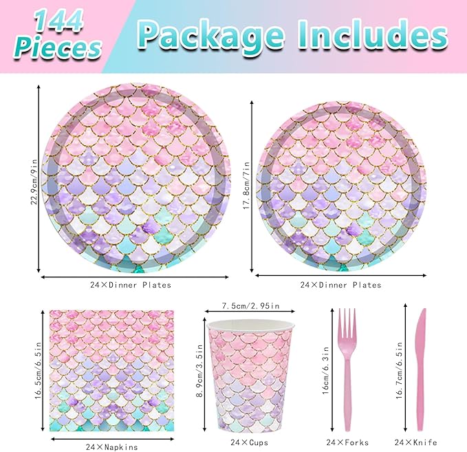 144PCS Mermaid Party Tableware Set Mermaid Birthday Party Supplies Mermaid Plates Napkins Cups Forks Knives Mermaid Party Decorations Birthday Bridal Shower Baby Shower Decorations Serve 24