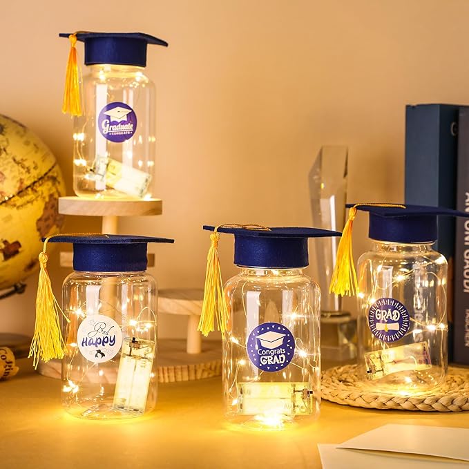 Boao 16 Sets Graduation Table Decoration Set with LED Light up Graduation Decorations for Class of 2026, Grad Jar, Felt Grad Hat and Stickers for High School College(Blue,Vivid)