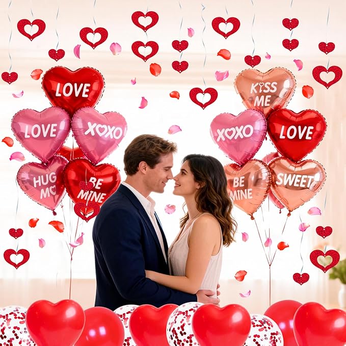 Valentines Day Decorations, 12pcs Valentines Day Balloons, Red Heart Balloons and Love Foil Balloons, Fake Rose Petals Wedding Backdrop Party Supplies