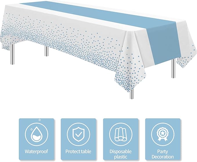 White and Blue Party Decorations Tablecloth, 3 Pack Disposable Light Blue Dot Table Cover Printed Table Runner for Birthday Baby Bridal Shower Wedding Anniversary Graduation, 86in x 55in