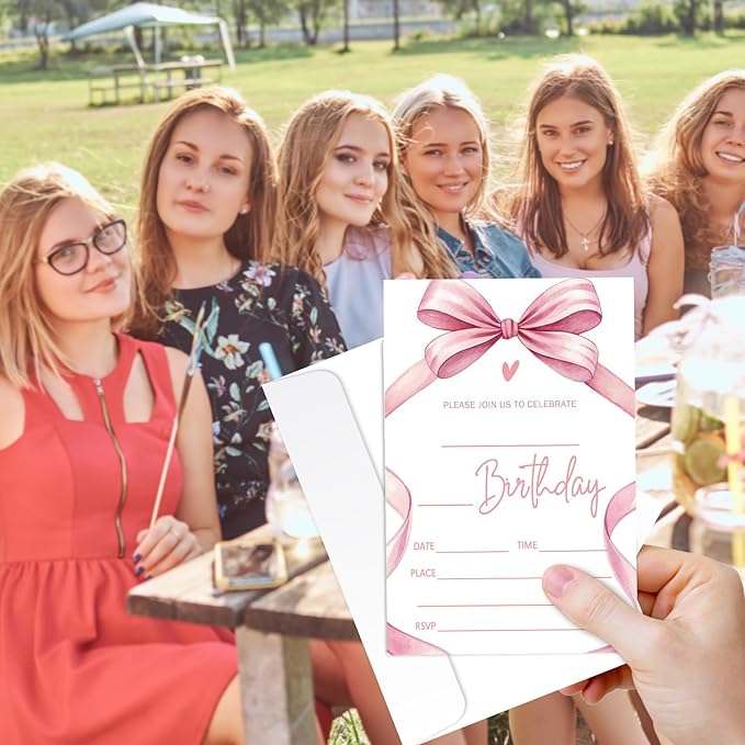 Pink Bow Birthday Invites Cards Party Invitation Cards for Girls Kids Adults Party Invitations 4x6 Inch Blank Invitations with Envelopes 20 Pcs Double Sided Invitation Card for Girls Birthday YT0080