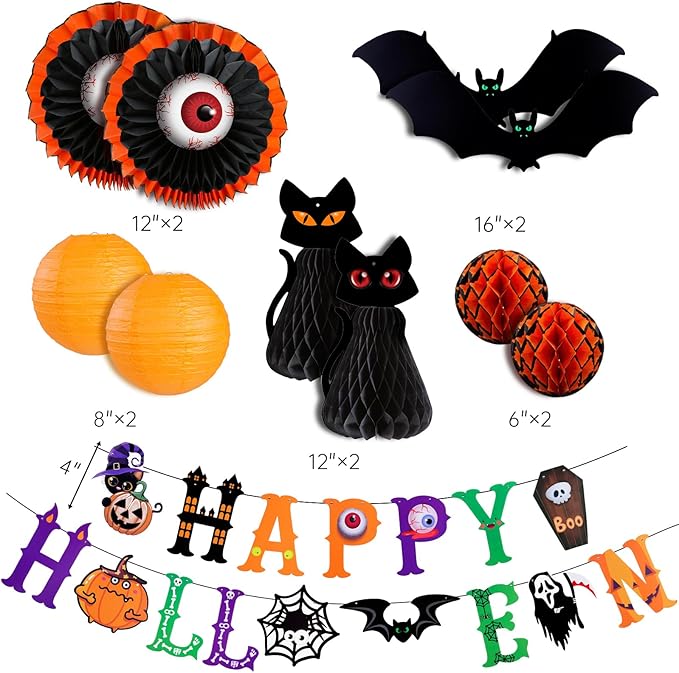 UNIQOOO Halloween Paper Lantern Decorations Set, 11 Pieces with Black Cat, Eyeball, Bat Designs and Banner, Indoor Party Props, 6"-12"