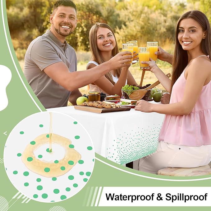 misaya 10 Packs Dot Disposable Table Cloth, 54 x 108 Inch Waterproof Plastic Tablecloth, Rectangle Green Dots in White Table Covers for Easter, Picnic, Birthday, Party
