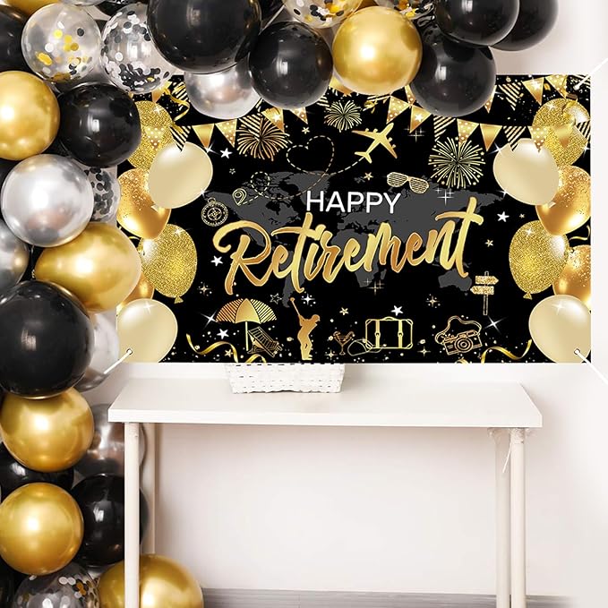 Mocsicka Retirement Party Decorations Black and Gold Happy Retirement Backdrop Banner Retired Party Decorations Photo Booth Props (Black Gold, 180x110cm)