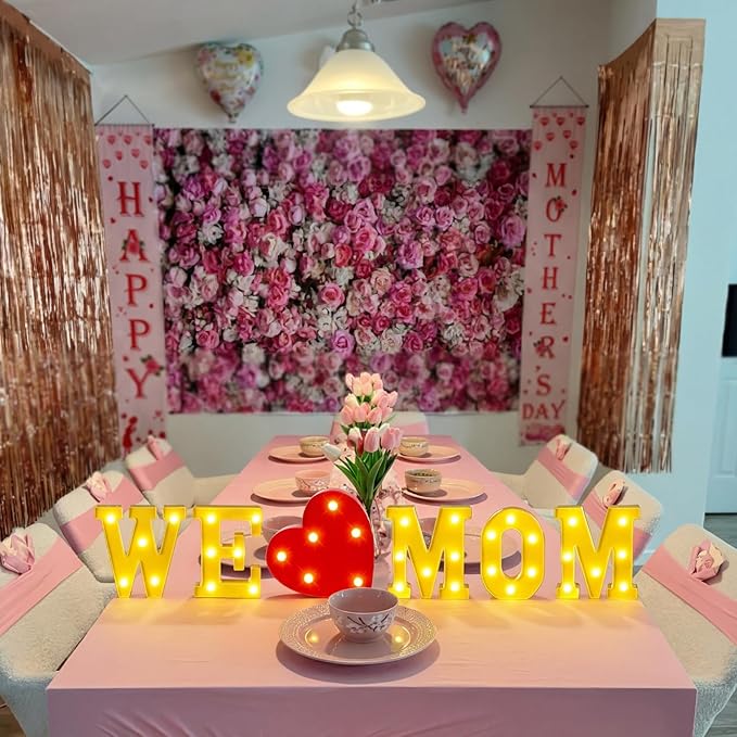 Honoson 6 Pcs Mothers Day Decorations We Love Mom Heart LED Lights up Sign Table Decoration for Mom Birthday Gifts Mothers Day Party Decoration