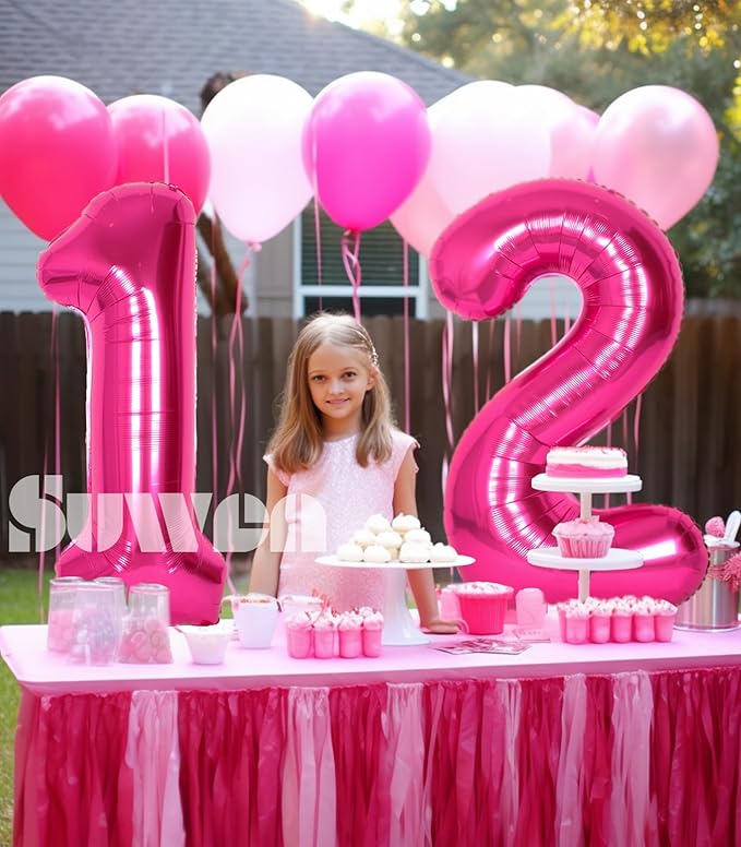 SUWEN 40 Inch Hot Pink Large 12 Number Balloons Big Foil Helium Number Balloons 0-9 Jumbo Happy 12th Mylar Birthday Party Decorations for Girl or Women 21 Anniversary Party Supplies