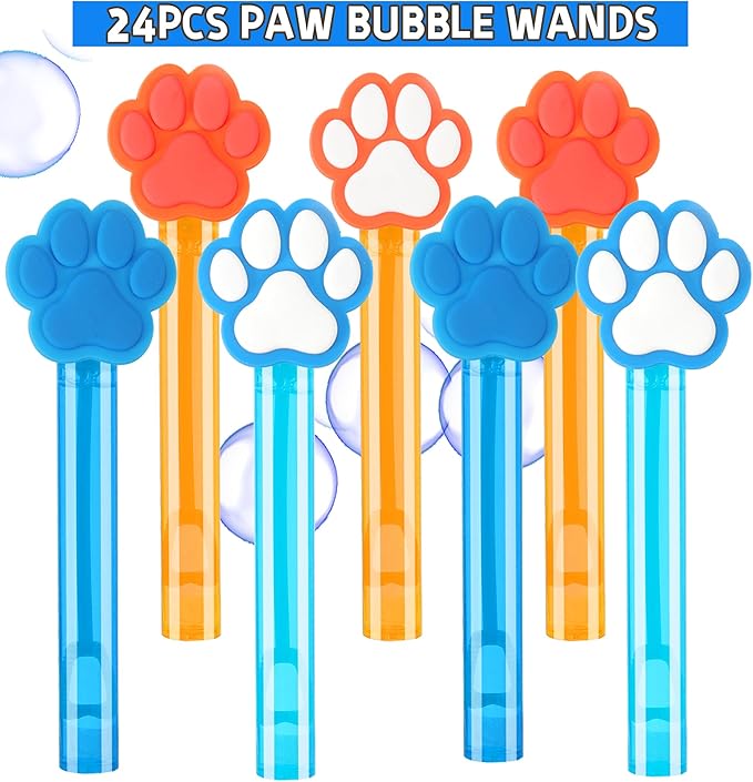 24Pcs Blue Orange Dog Paw Bubble Wands for Kids Paw Party Favors Supplies Decorations, Pinata Goodie Bag Stuffers & Classroom Prizes