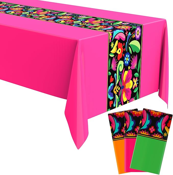Oudain 3 Pcs Fiesta Tablecloth 108 x 54 Inch Plastic Tablecover Mexican Waterproof Tablecloth Disposable Table Cover for Taco Night Festive Mexican Fiesta Wedding Party Decoration (Bright Color)